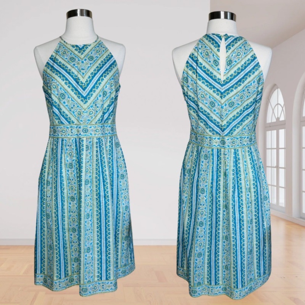 Ann Taylor Petites Cotton Blue and Green Print Halter Pleated Midi Dress- 8P